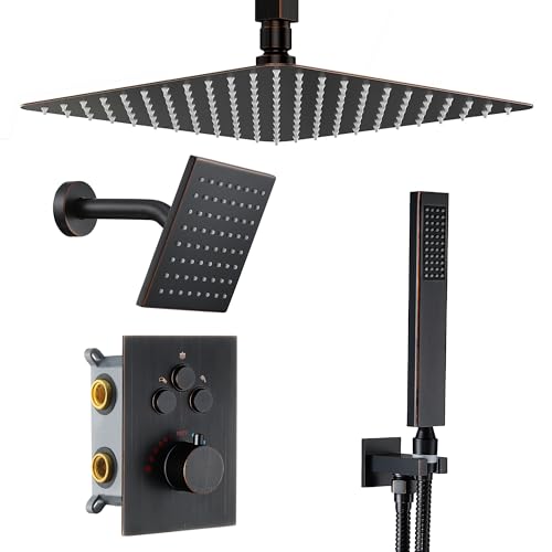 Thermostatic Dual Shower System, Oil Rubbed Bronze Shower Faucet | 12 Inch Ceiling Rainfall Shower, 6 Inch Wall Mount Head, High Pressure Handheld Sprayer, Push Button Valve - color: Oil Rubbed Bronze