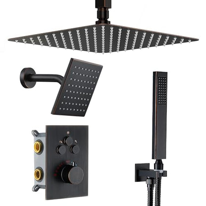 Thermostatic Dual Shower System, Oil Rubbed Bronze Shower Faucet | 12 Inch Ceiling Rainfall Shower, 6 Inch Wall Mount Head, High Pressure Handheld Sprayer, Push Button Valve - color: Oil Rubbed Bronze