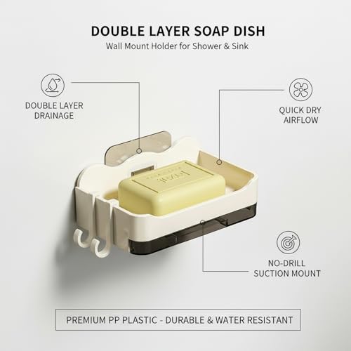 Suction Cup Soap Dish, Double Layer Wall Mount Holder for Shower & Sink, No Drill PP Plastic Drainage Tray (1 Pack) - color: White