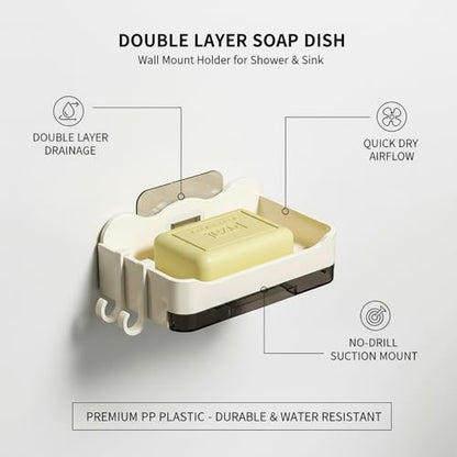 Suction Cup Soap Dish, Double Layer Wall Mount Holder for Shower & Sink, No Drill PP Plastic Drainage Tray (1 Pack) - color: White