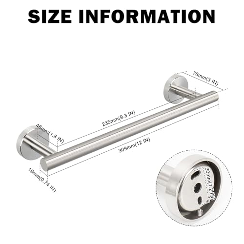 Livabber Bath Towel Bar, 304 Stainless Steel Towel Rack, Heavy Duty Towel Holder Wall Mounted for Bathroom/Kitchen, Usable Hanging Length-9.3 Inch, Total Length-12 Inch (Brushed Nickel) - color: Brushed Nickel, size: 12 Inch