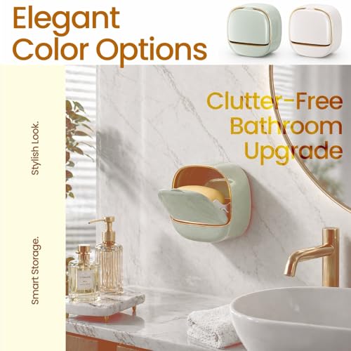 Wall Mounted Soap Holder with Drain Tray, 2 Pack Waterproof Soap Dish with Flip Lid, Self Draining Soap Bar Holder for Shower, Bathroom & Kitchen