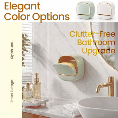 Wall Mounted Soap Holder with Drain Tray, 2 Pack Waterproof Soap Dish with Flip Lid, Self Draining Soap Bar Holder for Shower, Bathroom & Kitchen