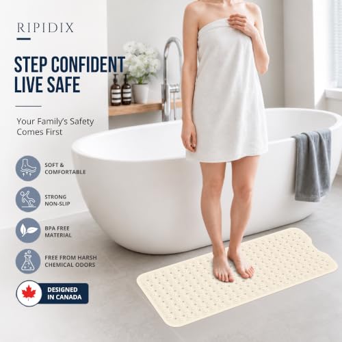 Bathtub Mat Non-Slip – 39" x 15.5" Extra Long Shower Mat with Suction Cups, BPA Free & Machine Washable, Textured Bath Mat for Tub, Ideal for Kids, Seniors & Pregnant Women, Cream - color: Cream