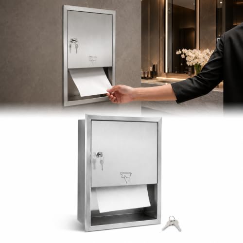 304 Stainless Steel Recessed Paper Towel Dispenser with Lock Commercial | Heavy Duty Wall Mounted Paper Towel Dispenser, Satin Finish, Fits 350 C-fold & 475 Towels for Public Restroom, Office, Hotel