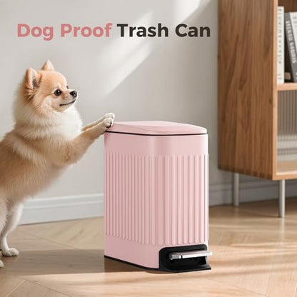 TrashAid Slim Bathroom Trash Can with Lid Soft Close & Pedal, 1.6Gal, Pink | Removable Inner Bucket, Stainless Steel Garbage Can, Small Wastebasket for Toilet/Office/Bedroom, Retro Design, Odor Control - color: Pink