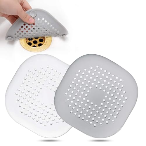 Hair Drain Catcher,Square Drain Cover for Shower Silicone Hair Stopper with Suction Cup,Easy to Install Suit for Bathroom,Bathtub,Kitchen 2 Pack (Grey White) | Drainer Cover Silicone Hair Stopper with Suction Cups,Protector Accessories,Easy to Install Sui