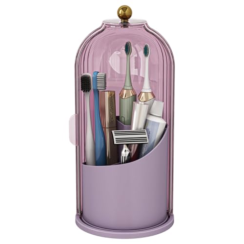 Toothbrush and Toothpaste Holders with Cover, All Pink | Waterproof and Dustproof, 360° Rotating Base, Smooth Sliding Door, 3 Slots, for Bathroom Countertop - color: All Pink