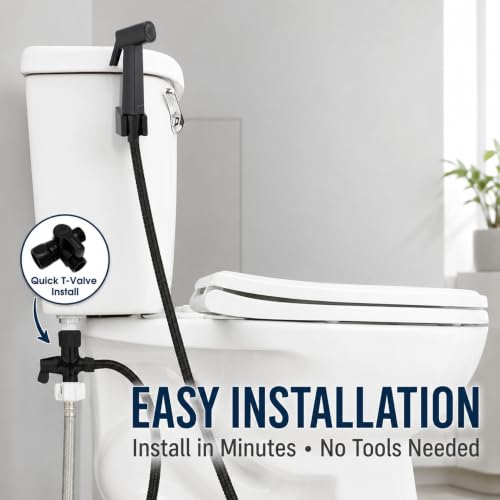 Handheld Bidet Sprayer for Toilet, Lockable Push Button, High Pressure Bathroom Sprayer, Cloth Diaper & Personal Hygiene Sprayer, Tank Mount No-Drill Install, Stainless Hose Set, Black Color - color: Black