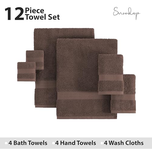 SNOWDROP 12 PC Bath Towel Set - Large Microfiber Towels for Body, Shower, Face, Hotel, Gym - 4 Extra Large, 4 Hand, 4 Wash Cloths - Chocolate