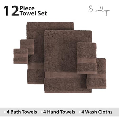 SNOWDROP 12 PC Bath Towel Set - Large Microfiber Towels for Body, Shower, Face, Hotel, Gym - 4 Extra Large, 4 Hand, 4 Wash Cloths - Chocolate