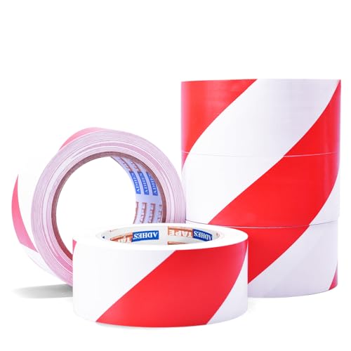 ADHES Hazard Tape Safety Warning Red White Stripe PVC Self Adhesive Caution Tape, for Floor Marking, Walls, Pipes and Equipment Marking, 2 Inch X 54 Feet, 5Rolls - color: red and white, size: 2in x 18yd