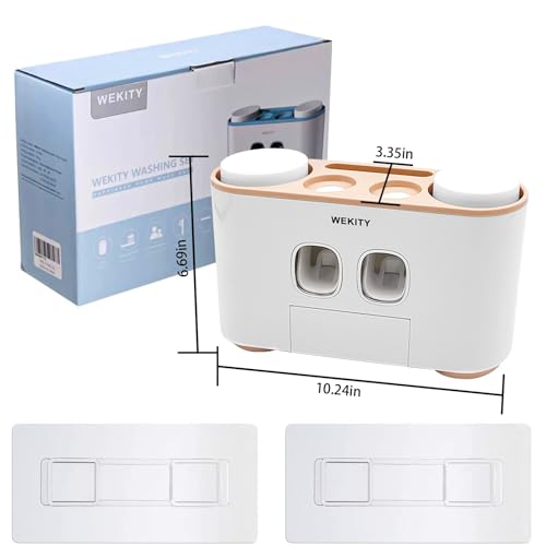 Toothbrush Holder Wall Mounted, WEKITY Multi-Functional Toothbrush and Toothpaste Dispenser for Bathroom, with 5 Toothbrush Slots, 2 Toothpaste Squeezers and 4 Cups(Pink) - color: Pink