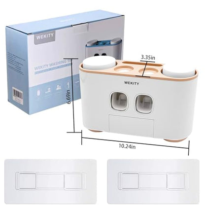 Toothbrush Holder Wall Mounted, WEKITY Multi-Functional Toothbrush and Toothpaste Dispenser for Bathroom, with 5 Toothbrush Slots, 2 Toothpaste Squeezers and 4 Cups(Pink) - color: Pink