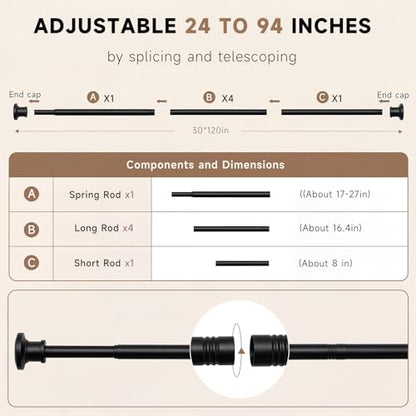Black Tension Curtain Rod 24 to 94 Inch(2-7.8ft) - Spring Tension Shower Curtain Rod, No Drilling Tension Rod for Curtains Windows Closet Kitchen - color: Black, size: 24-94 Inches