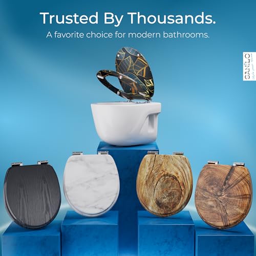 SANILO Wooden Toilet Seat with Soft Close [ROUND] - Decorative, Quiet & Slow Close Molded Wood Seat - With Strong Bumpers & Hinges - Adjustable Fit - Monstera - color: Monstera