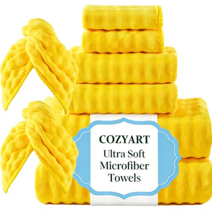 COZYART Lint Free 8 Pcs Bathroom Towels Set Ultra Soft Microfiber Yellow | Ultra Fluffy, Thick, Highly Absorbent, Fast Dry, No Shedding, No Pilling, Fade Resistant, Durable, Long-lasting - color: Yellow