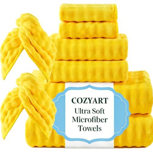 COZYART Lint Free 8 Pcs Bathroom Towels Set Ultra Soft Microfiber Yellow | Ultra Fluffy, Thick, Highly Absorbent, Fast Dry, No Shedding, No Pilling, Fade Resistant, Durable, Long-lasting - color: Yellow