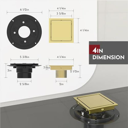 4 Inch Square Shower Drain Gold Floor Drain with Flange Reversible 2-in-1 Cover Tile Insert Grate Removable SUS304 Stainless Steel CUPC Certified Brushed Gold - color: Brushed Gold, size: 4 Inch