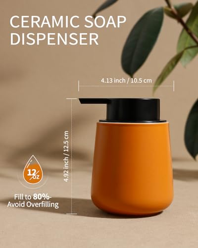 Bosilunlife 12Oz Ceramic Foam Soap Dispenser for Bathroom Kitchen Counter | Premium countertop foam pump creates delicate dense foam, stable desktop placement, Orange - color: Orange