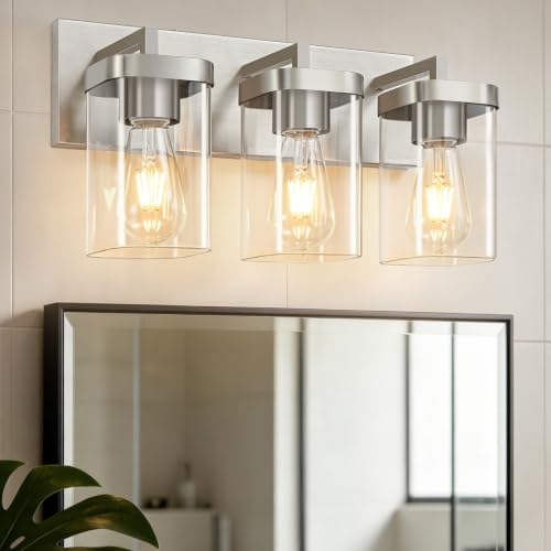 3-Light Bathroom Lighting Fixtures over Mirror, Brushed Nickel Vanity Lights with Square Transparent Glass Shade. Modern Bathroom Vanity Light for Mirror Kitchen, Living Room, Gallery, Hallway - color: Brushed Nickel, size: 3 Lights