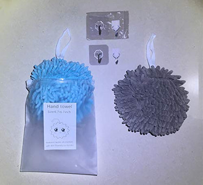 Chenille Hand Towels for Bathroom Soft Ball Quick Dry Hand Bath Hanging Hand Towel with Loop Absorbent Kitchen (2 Grey) (Blue+Grey) - color: Blue+grey