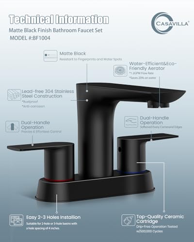 Bathroom Sink Faucet, Black Faucet for Sink 4 Inch 2 Handle Centerset, Bathroom Faucets with Pop Up Drain and 2 Supply Hoses, Stainless Steel Lead-Free RV Vanity Sink Faucet - color: 1.Matte Black, style: 1 PC