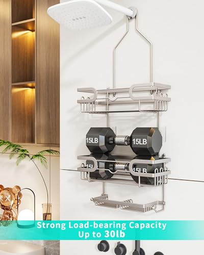 HapiRm Bathroom Hanging Shower Caddy - Rustproof Shower Shelf with 12 Hooks and 2 Soap Holders, No Drilling Bathroom Organizers and Storage - Brushed Nickel - color: Brushed Nickel(Large)