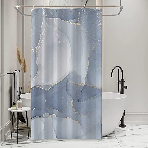 AWERT Small Half Size Stall Shower Curtain with 6 Hooks Shower Stall Curtain 36 x 72 Light Blue Marble Gold 36 inch Shower Curtain for Bathroom/RV and Camper (Blue Marble) - color: Blue Marble, size: 36"W x 72"L (Pack of 1)