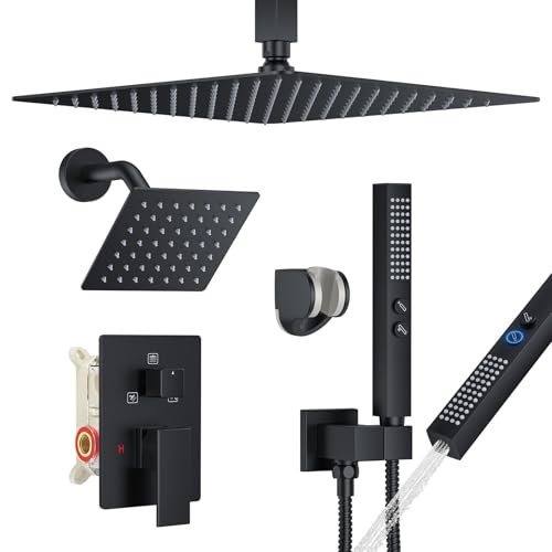 Rain Shower System 12" & 6" Dual Shower Heads Ceiling Shower Faucet Set | Ideal for bathroom remodels and upgrades with 12" rain shower, 6" angled shower, handheld spray and complete valve kit. - color: Matte Black, size: Ceiling Mounted - 12"+6" Shower H