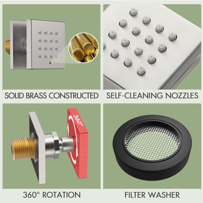 Shower Body Spray Jets with On Off Switch Adjustable Flow Showerhead Body Sprays Wall Mount Massage Spa Jet,Brushed Nickel,Flow control and 360° rotation - color: Square-Brushed Nickel