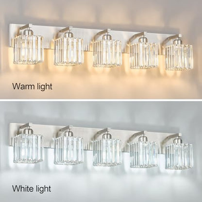 Modern Vanity Light 5-Lights Brushed Nickel Vanity Light Crystal Bathroom Wall Light Bathroom Light Fixtures - color: Nickel Straight, size: 5-light