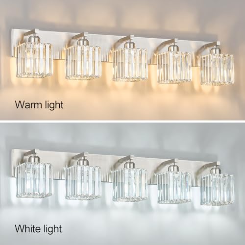 Modern Vanity Light 5-Lights Brushed Nickel Vanity Light Crystal Bathroom Wall Light Bathroom Light Fixtures - color: Nickel Straight, size: 5-light