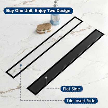 Neodrain 24In Offset Linear Shower Drain w/Tile Insert Grate Cover, Black | 304 Stainless Steel Rectangle Side Outlet Shower Floor Drain, Adjustable Leveling Foot, Hair Strainer/Catcher - color: Matte Black-tile Insert Cover, size: 24 IN