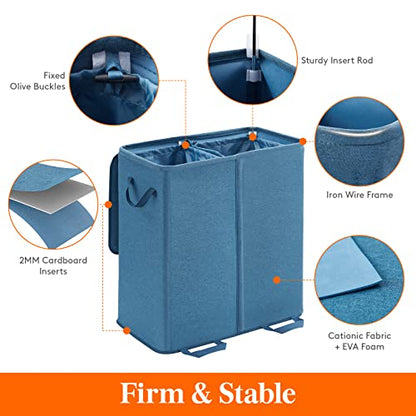 Lifewit Double Laundry Hamper with Lid and Removable Laundry Bags, Large Collapsible 2 Dividers Dirty Clothes Basket with Handles for Bedroom Laundry Room Closet Bathroom College, 136L Blue - color: Blue, size: 136L