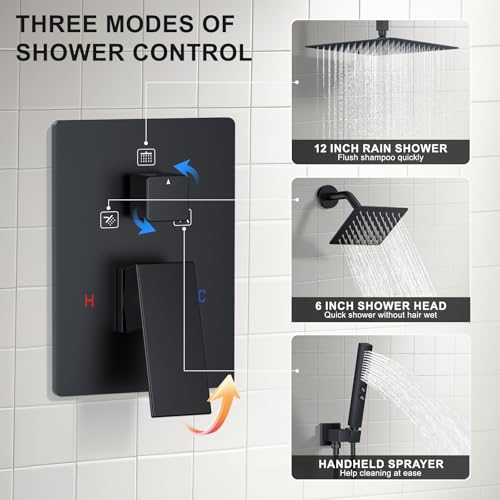 Rain Shower System 12" & 6" Dual Shower Heads Ceiling Shower Faucet Set | Ideal for bathroom remodels and upgrades with 12" rain shower, 6" angled shower, handheld spray and complete valve kit. - color: Matte Black, size: Ceiling Mounted - 12"+6" Shower H