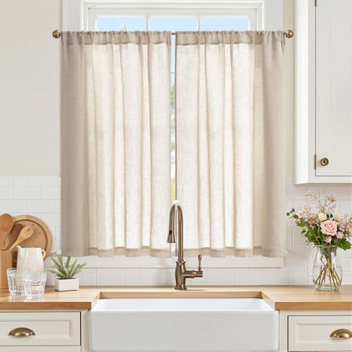 jinchan Linen Kitchen Tier Curtains, 38x45, 2 Panels, Natural | Light filtering, linen blend, rod pocket, farmhouse style, rustic decor, kitchen, bathroom, laundry room, RV, small windows - color: Rod Pocket | Natural Linen, size: 38"W x 45"L (Pack of 2)