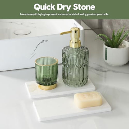 2PCS Diatomite Marble Stone Drying Mat for Kitchen Counter, Water Absorbing Soap Tray Stone Faucet Mat for Bathroom, Quick Dry Splash Guard Sink Protector, Vanity Dish Dispenser Sponge Holder, 8"x3.8"