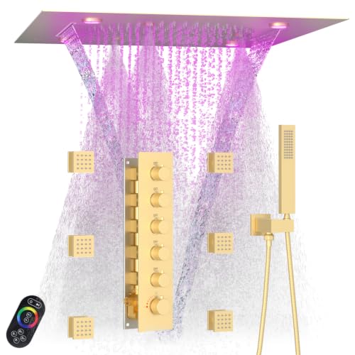 Enga Thermostatic Shower System with Body Jets, 20-Inch LED Rainfall Mist Waterfall Luxury Multi Function Rain Shower Faucet Set, All Functions Can Operate Simultaneously, Brushed Gold - color: Brushed Gold, style: 20" Head (Rain + Mist+Waterfall) - Jets