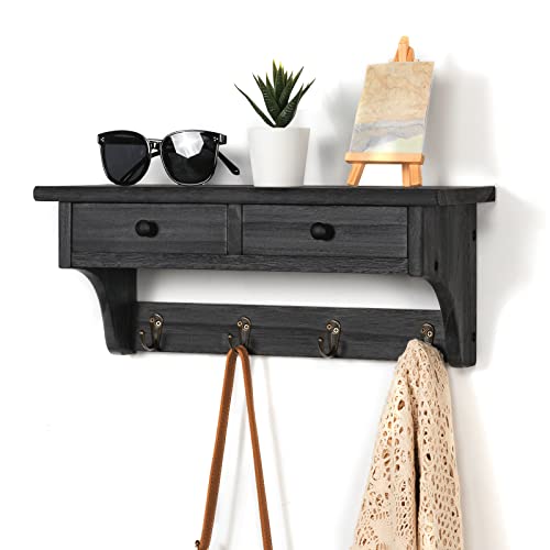Emfogo Wood Coat Hooks Wall Mounted, Rustic Style with 4 Hooks & Shelf for Entryway, Mudroom, Bedroom, Kitchen, Bathroom (Black) - color: Black