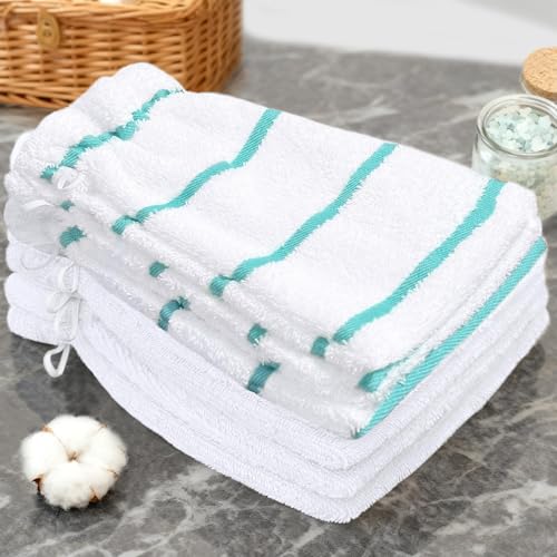 VOOVA & MOVAS Washcloths Mitts,Aqua 6.3x8.3 in,European Style with Loop | 100% Cotton, 6 Pack, Aqua & White Horizontal Stripe, Soft & Absorbent, No Fade, Ice Pack Pocket, Quick Dry, for Shower & Gym - color: Aqua Stripe&white, size: 6PC Bath Mitts