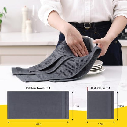 Homaxy Kitchen Towels and Dishcloths Set, Set of 8, Dark Grey | 100% Cotton Waffle Weave Kitchen Towels, Super Soft and Absorbent Dish Cloths, 12 x 12 and 13 x 28 Inches - color: Dark Grey, size: 8-Piece Set
