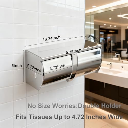 Double Toilet Paper Holder with Shelf，Large Commercial Toilet Paper Dispenser Wall Mounted Tissue Roll for Bathroom Paper Roll Holder Cat Proof Toilet Tissue Cover, Stainless Steel