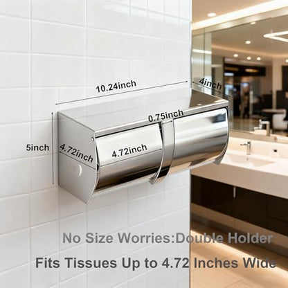 Double Toilet Paper Holder with Shelf，Large Commercial Toilet Paper Dispenser Wall Mounted Tissue Roll for Bathroom Paper Roll Holder Cat Proof Toilet Tissue Cover, Stainless Steel