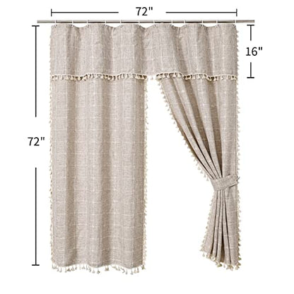 Boho Farmhouse Classic Plaid Double Swag Tassel Shower Curtain Tan,72x72 | 310GSM Linen Blend Heavy Duty Cloth,Double Swag Design,3-side Tassels,Wrinkle Resistant,Rustic Bohemian,Water Repellent - color: Tan Brown, size: 71"W x 71"L (Pack of 1)