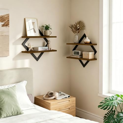 Floating Shelves for Wall, Set of 2 Wall Shelves, 2-Tier Hanging Shelve | Wood & Metal Wall Mounted Display Shelves, Decorative Wall Shelves for Living Room, Bedroom, Kitchen & Bathroom, Rustic Brown - size: 2-Pack