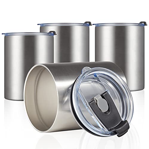 MEWAY 12 oz Lowball, Tumbler Stainless Steel Double Wall Vacuum Insulated Mug with Straw and Lid, Cleaning Brush ，Durable Powder Coated Insulated Coffee Cup for Cold & Hot Drinks (Silver,4 pack) - color: Silver