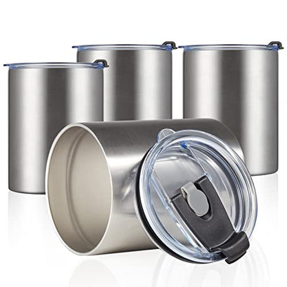 MEWAY 12 oz Lowball, Tumbler Stainless Steel Double Wall Vacuum Insulated Mug with Straw and Lid, Cleaning Brush ，Durable Powder Coated Insulated Coffee Cup for Cold & Hot Drinks (Silver,4 pack) - color: Silver