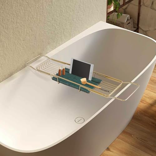 Expandable Bathtub Tray, Stainless Steel Bath Tub Caddy with Marble Base, Adjustable Over Tub Rack with Phone Tablet Holder, Bathtub Organizer (Gold) - color: Gold
