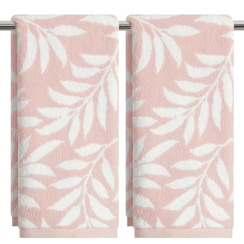 Artoid Mode 2 Pcs Beige Pink Leaves Jacquard Hand Towels for Bathroom, 100% Cotton Soft Absorbent Bathroom Decor Towels, 13.7 x 29.5 Inch - color: Beige/Pink, size: 13.7" x 29.5", 2PCS